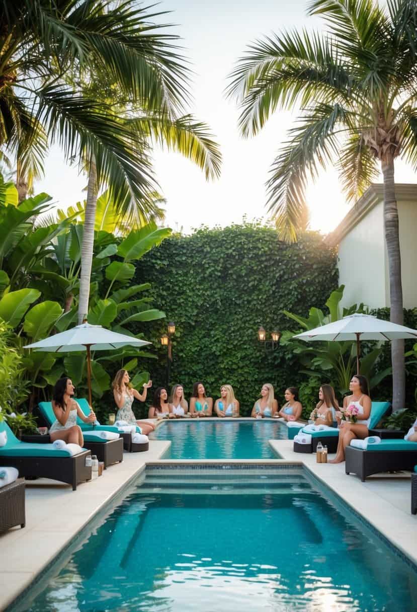 A serene spa with outdoor pool, surrounded by lush greenery and palm trees, offering massages and facials, with a group of women enjoying a bachelorette party