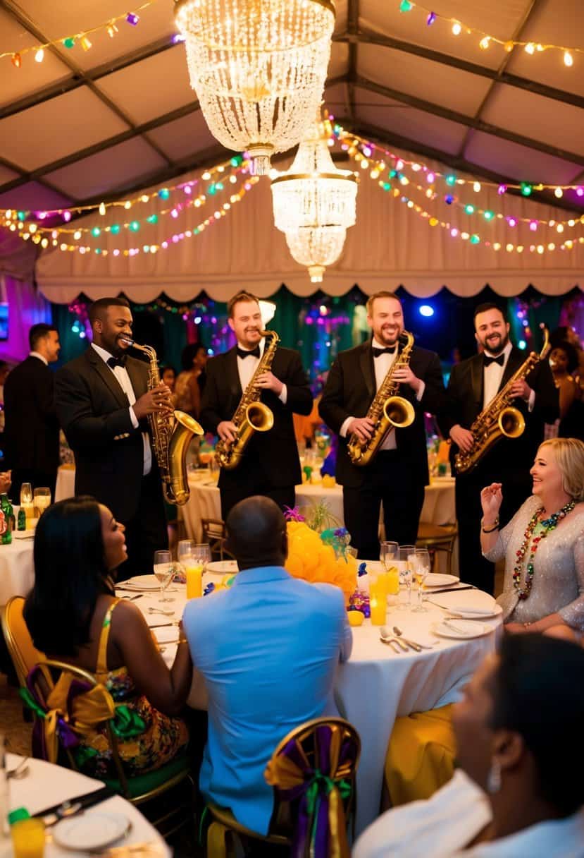 A lively jazz band plays under twinkling lights at a New Orleans bachelorette party. Tables are adorned with colorful Mardi Gras beads and guests dance and mingle