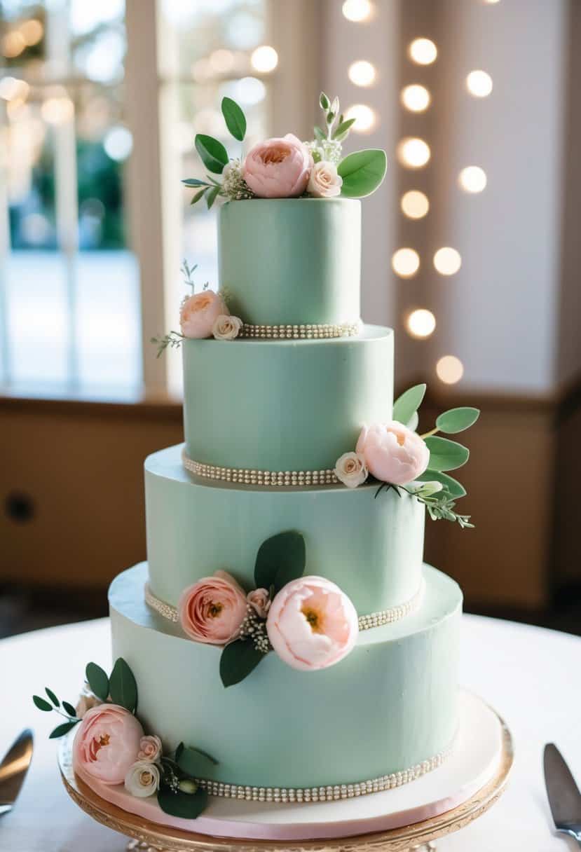 A three-tiered wedding cake adorned with sage green and blush pink floral decorations
