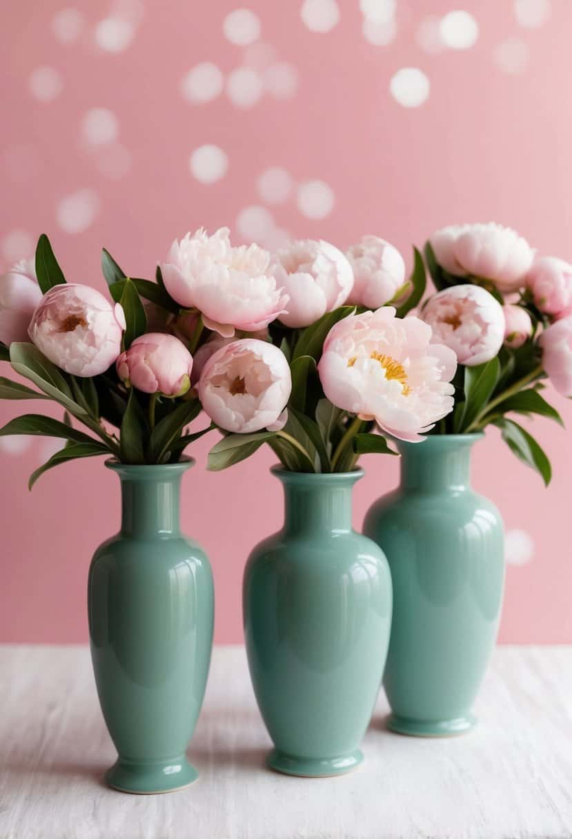 Sage green vases hold blush peonies, set against a soft pink backdrop