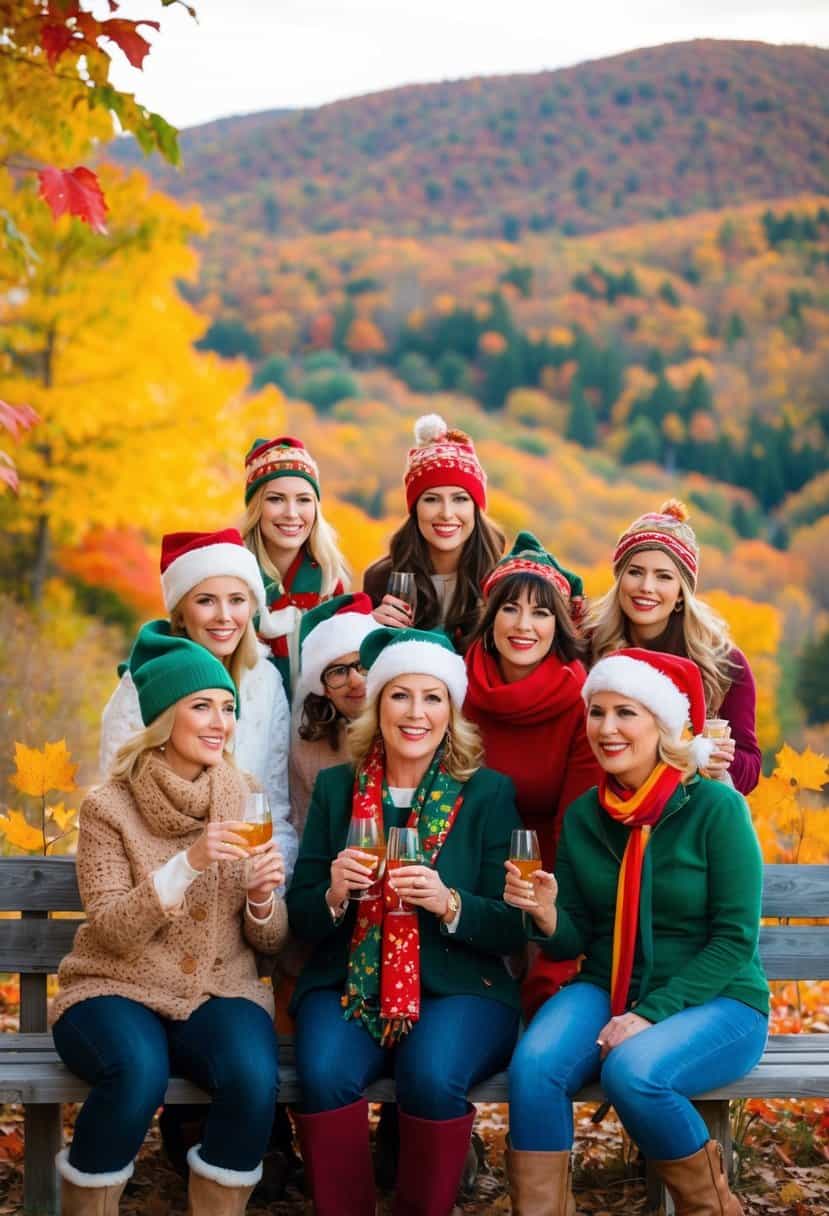 A group of women in festive attire enjoying a scenic Vermont Fall Foliage Tour, surrounded by vibrant autumn leaves and rolling hills