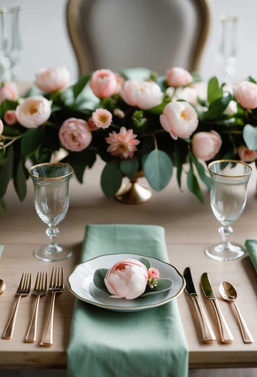 Sage green table napkins arranged with blush pink floral centerpieces