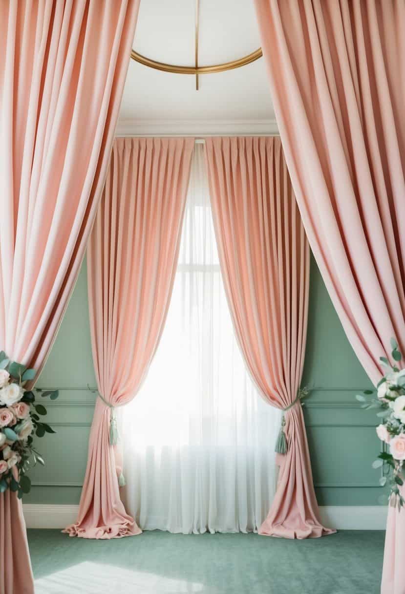 Blush pink draperies cascading in a room with sage green accents, creating a soft and romantic atmosphere for a wedding
