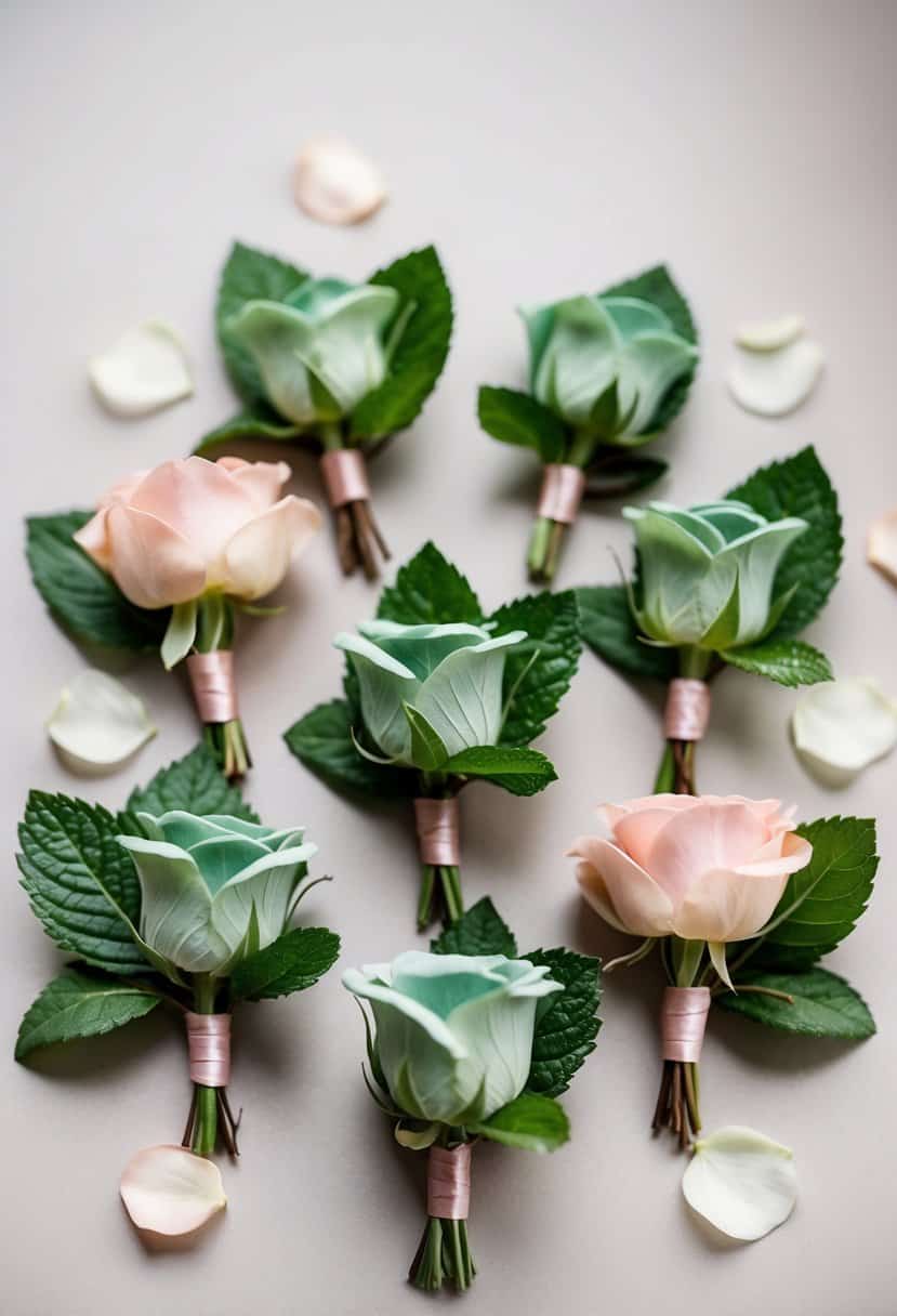 Sage green and blush pink boutonnieres arranged with mint leaves and rose petals for a wedding