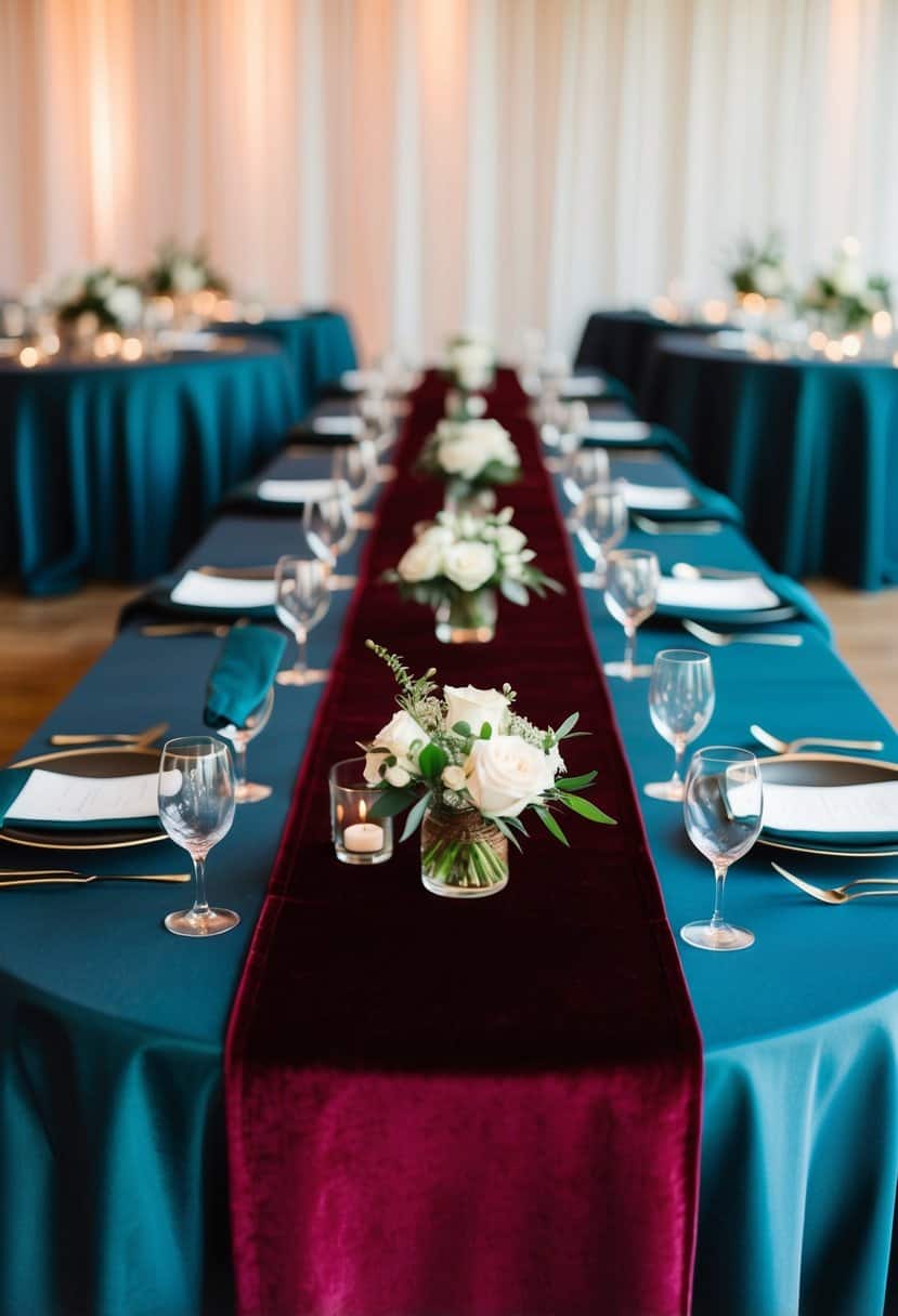 A long burgundy velvet table runner contrasts with dark teal tablecloths at a wedding reception