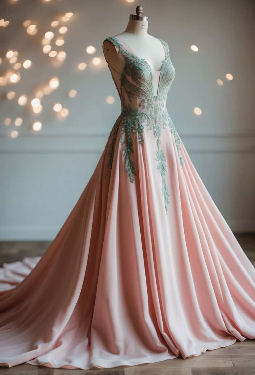 A flowing blush pink wedding gown with intricate sage green details