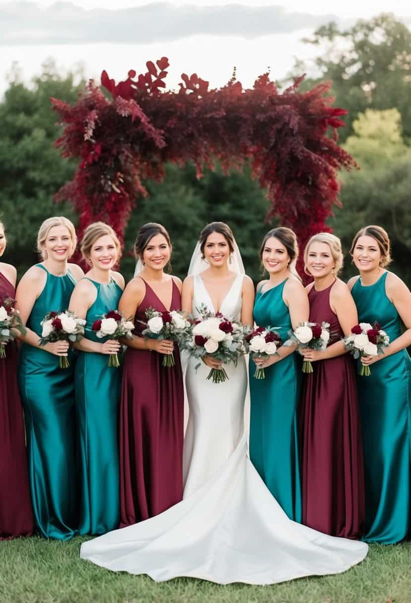 A dark teal satin bridesmaid dresses and burgundy wedding decor