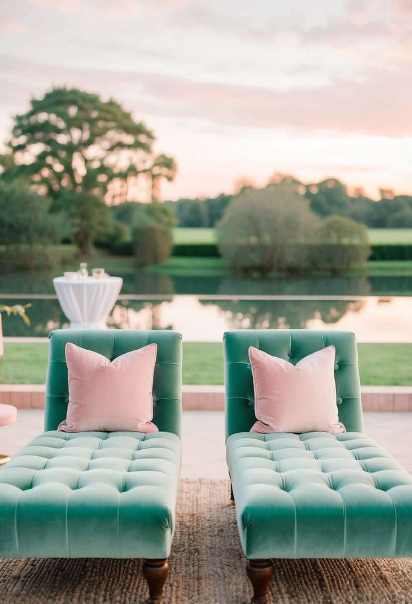Two sage green velvet lounge chairs in a romantic setting with blush pink accents