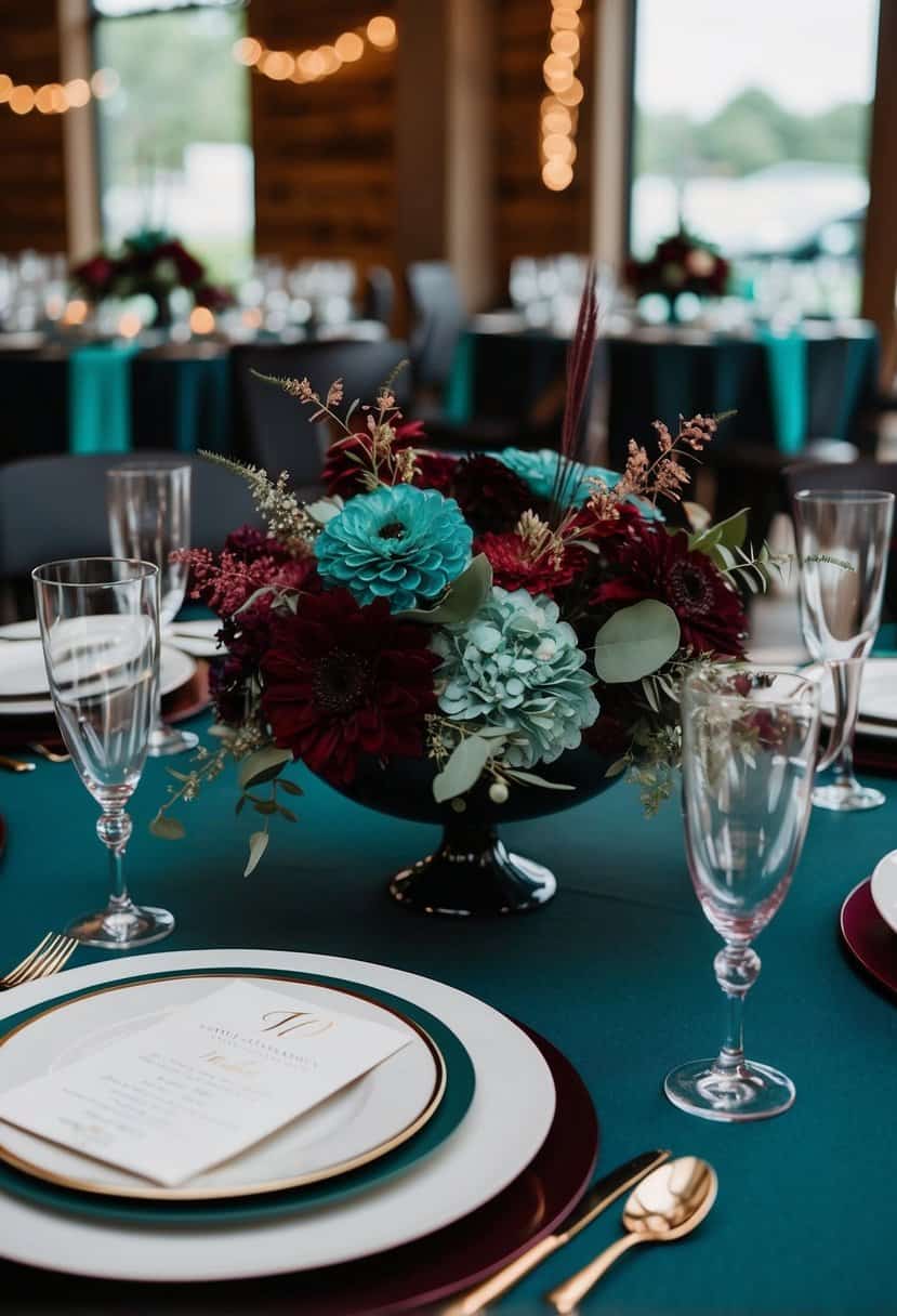 Burgundy and teal floral centerpieces adorn a dark teal wedding table