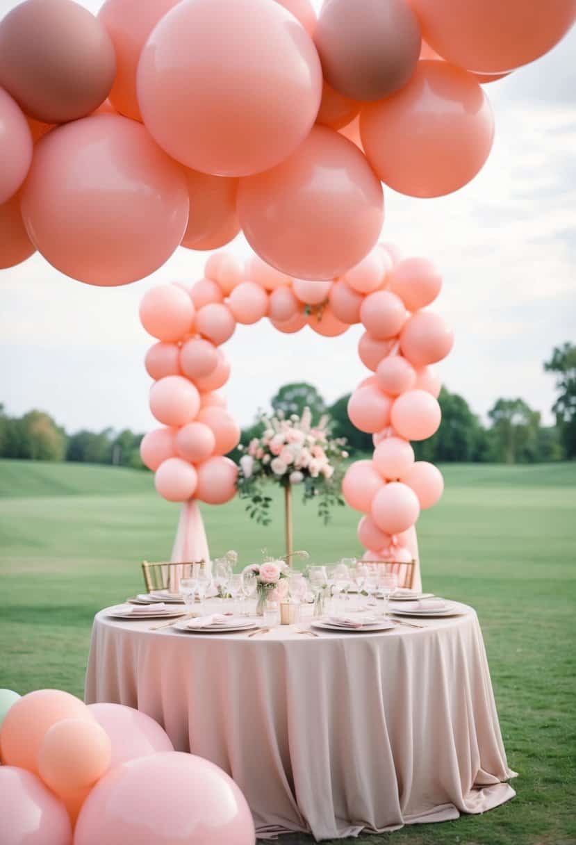 A blush pink balloon arch frames a sage green and blush pink wedding setting