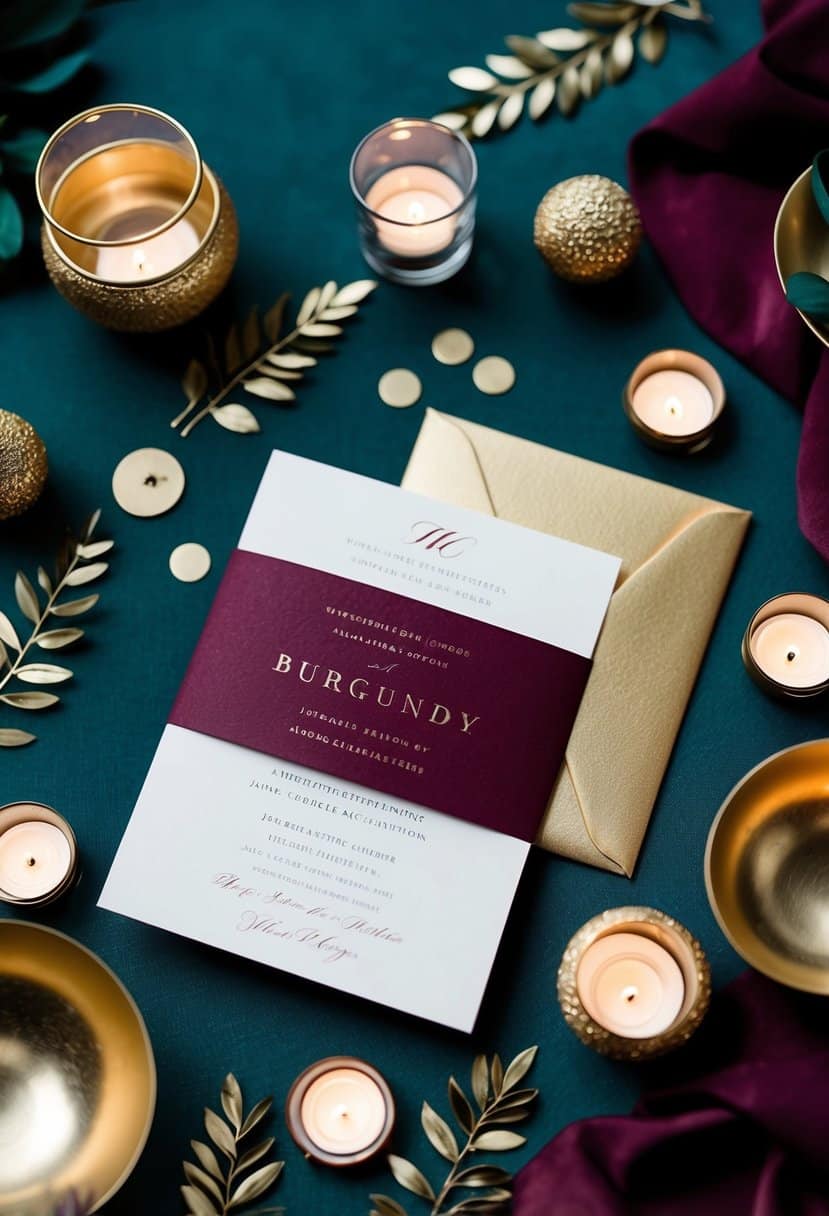 Elegant gold and burgundy invitations surrounded by dark teal and burgundy wedding decor