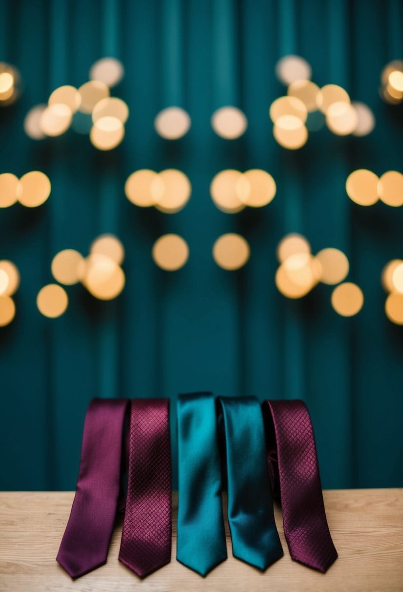Groomsmen ties in dark teal and burgundy against a dark teal wedding backdrop
