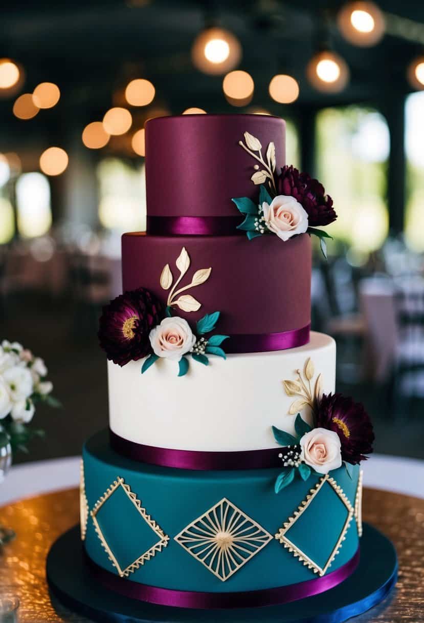 A three-tiered wedding cake in rich burgundy and dark teal, adorned with elegant floral and geometric designs