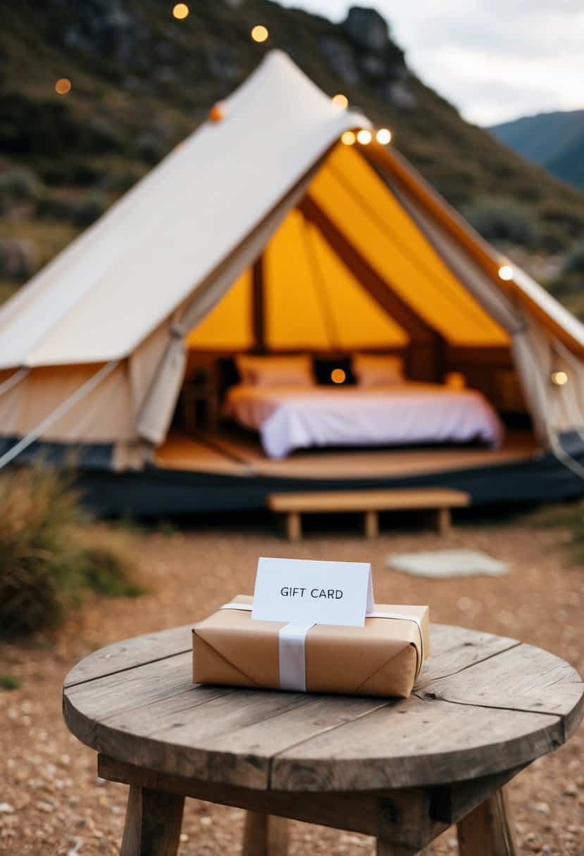 A cozy glamping tent nestled in a picturesque natural setting, with a gift card placed on a rustic wooden table