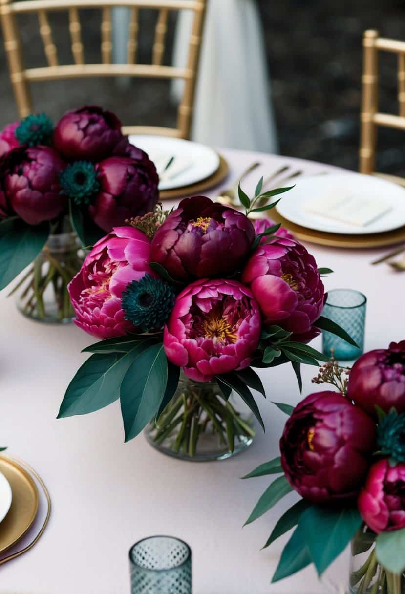Burgundy peony bouquets arranged with dark teal accents for a wedding centerpiece