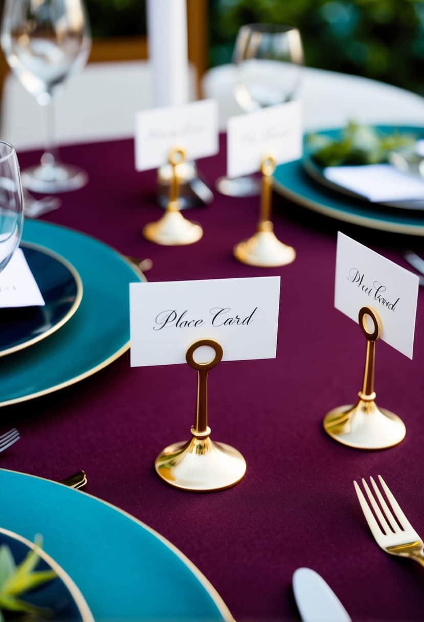 Teal and gold place card holders arranged on a burgundy and dark teal table setting