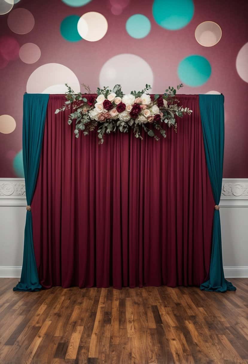 A vintage burgundy photo booth backdrop with dark teal accents and wedding decor