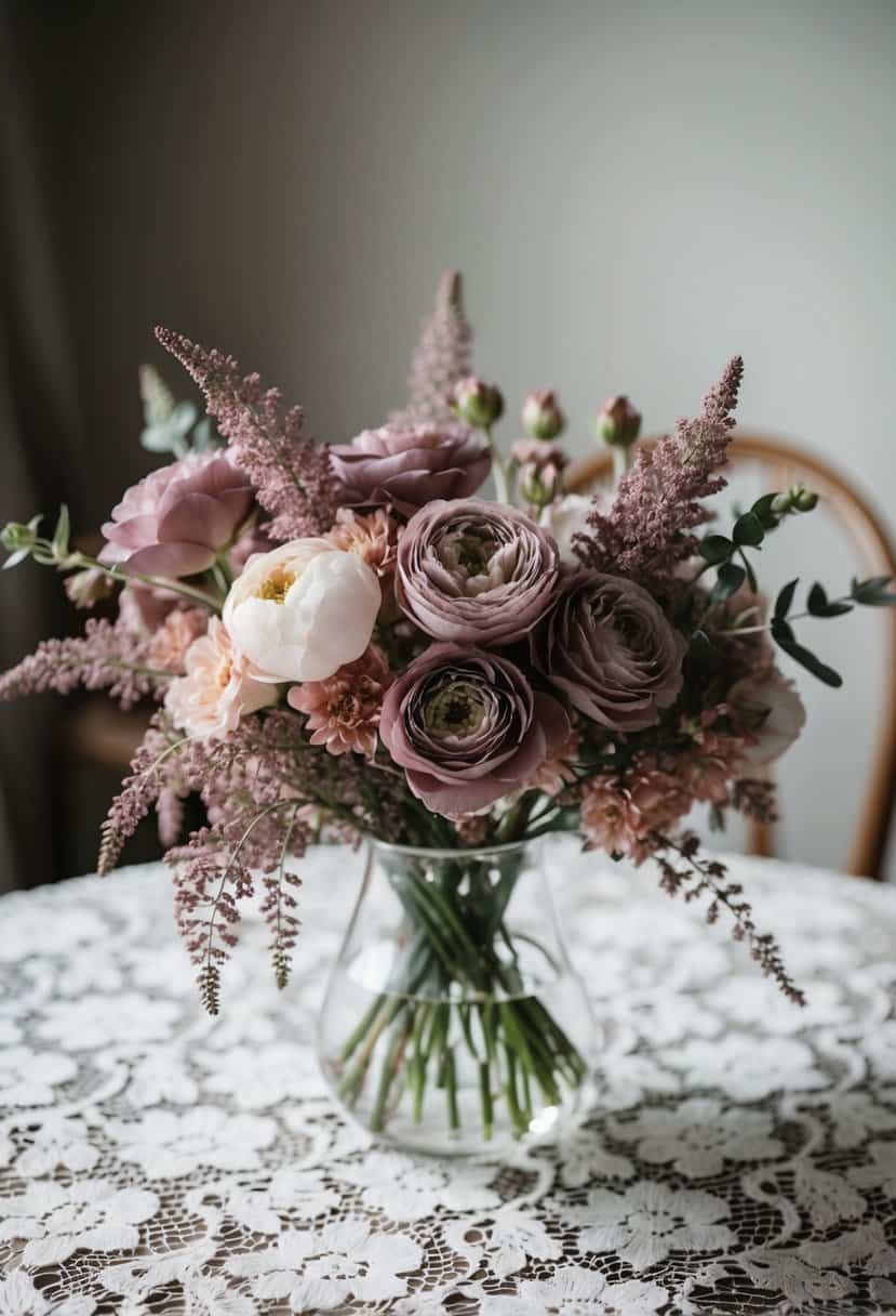 A delicate bouquet of mauve and dusty pink flowers arranged in a glass vase on a lace-covered table