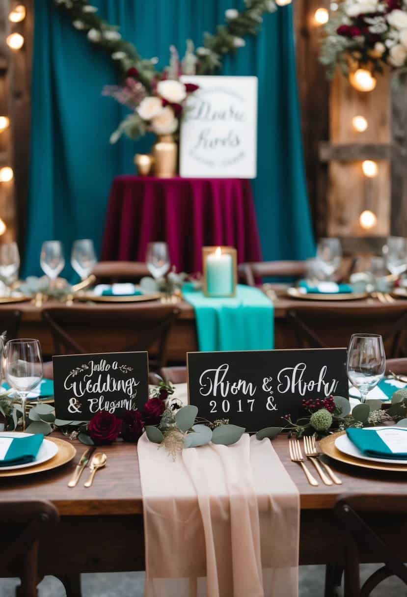 A rustic wedding setting with teal and burgundy decor, custom signs, and elegant dark teal accents