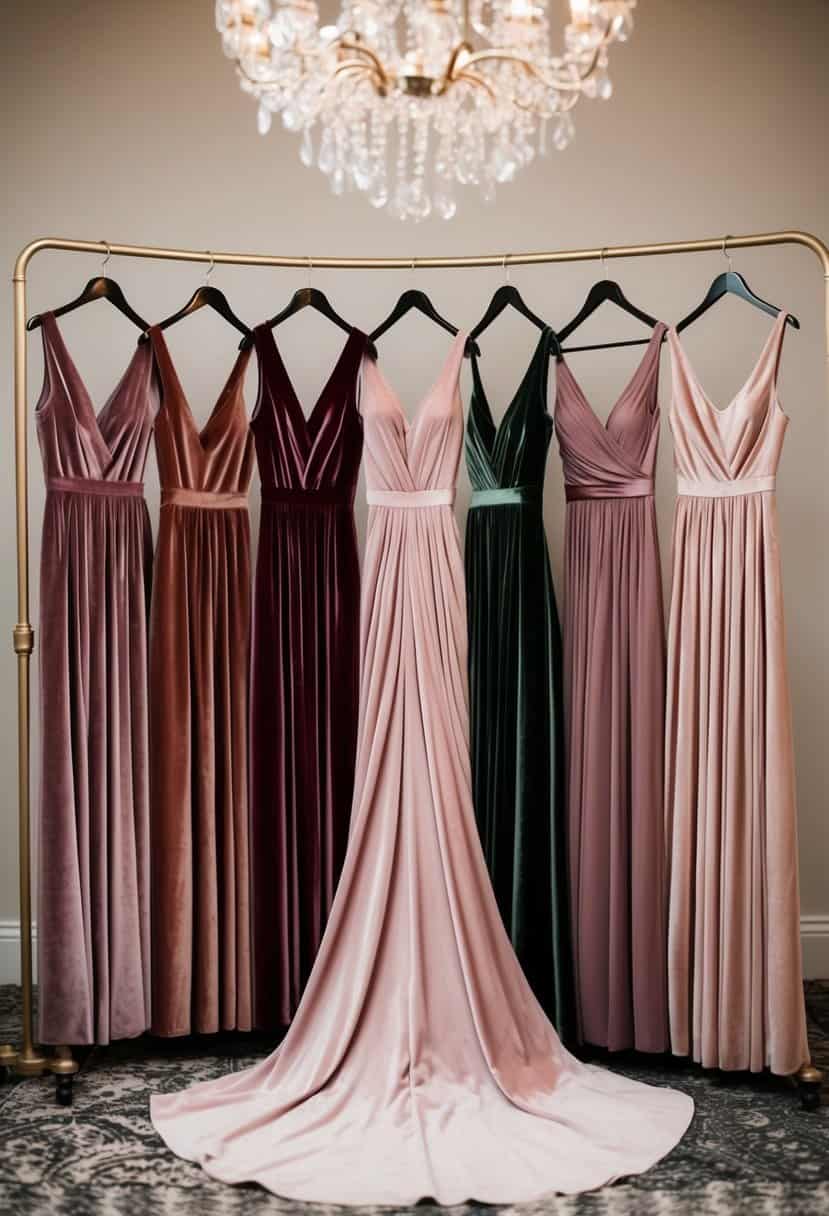 A group of bridesmaid dresses in varying shades of velvet mauve and dusty pink, arranged in a stylish and elegant setting
