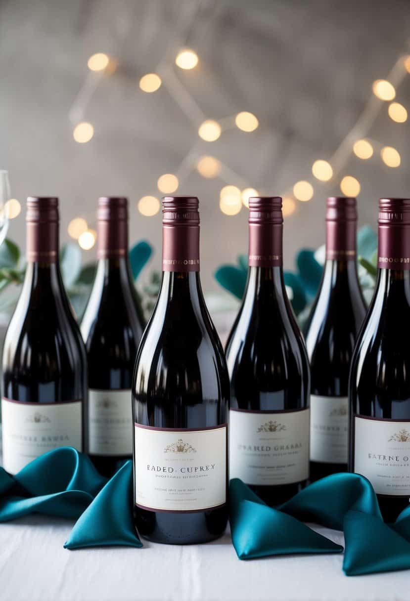 Burgundy wine bottles arranged with dark teal accents for wedding favors