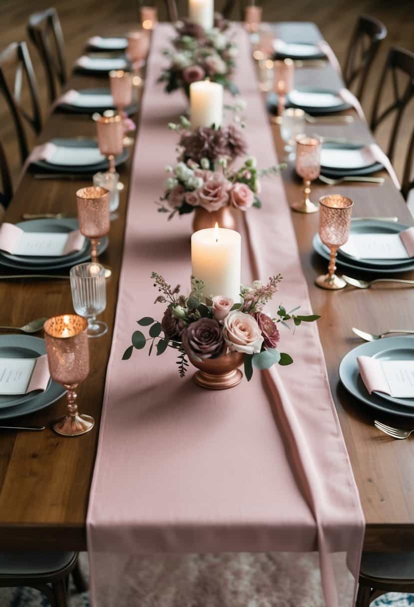 Dusty pink table runners draped over a long wooden table, adorned with mauve and dusty pink floral arrangements and candle holders