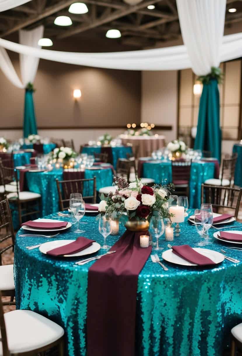 Teal sequin tablecloths with burgundy and dark teal decor for a wedding reception