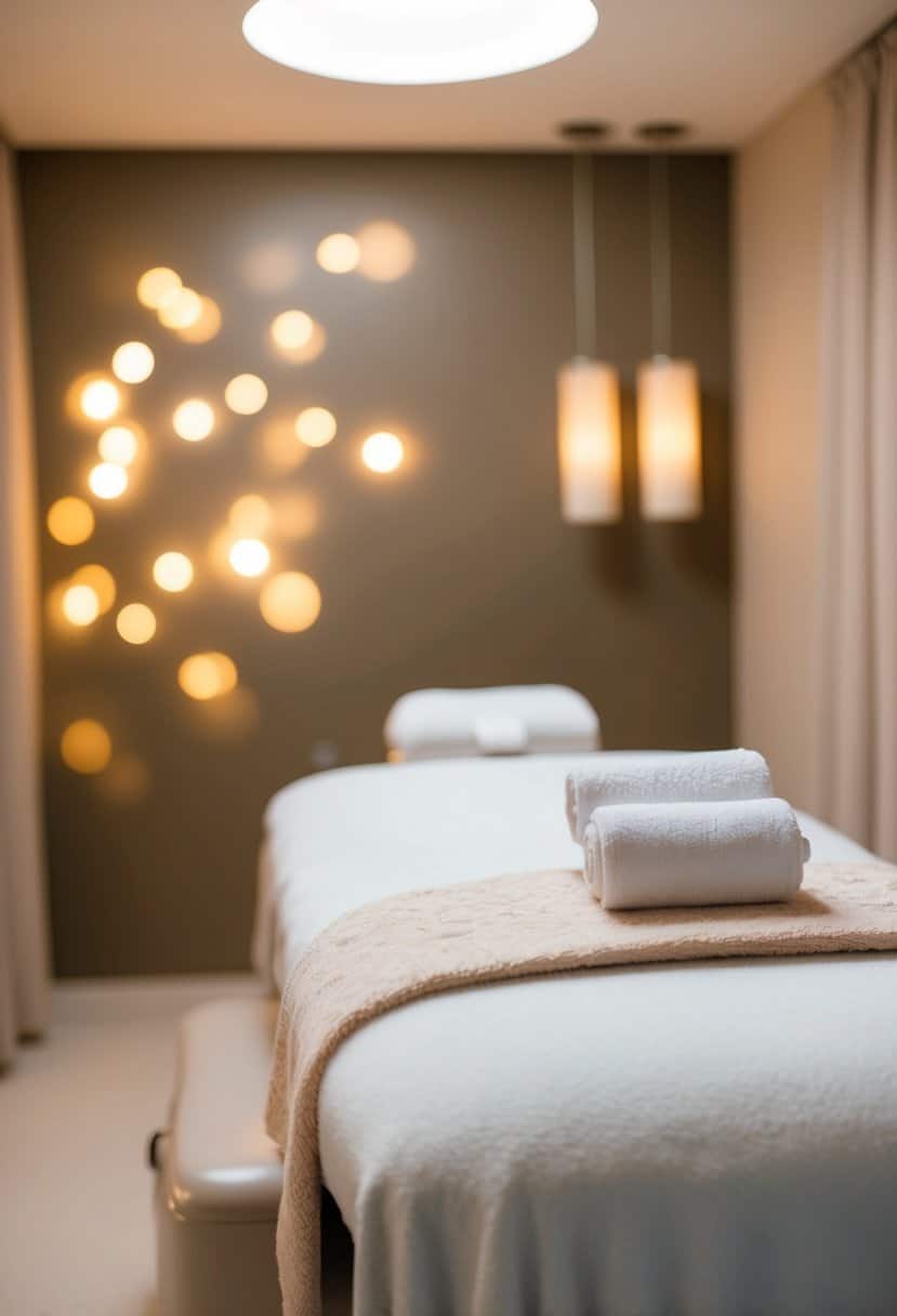 A serene spa room with a massage table, soothing music, and soft lighting