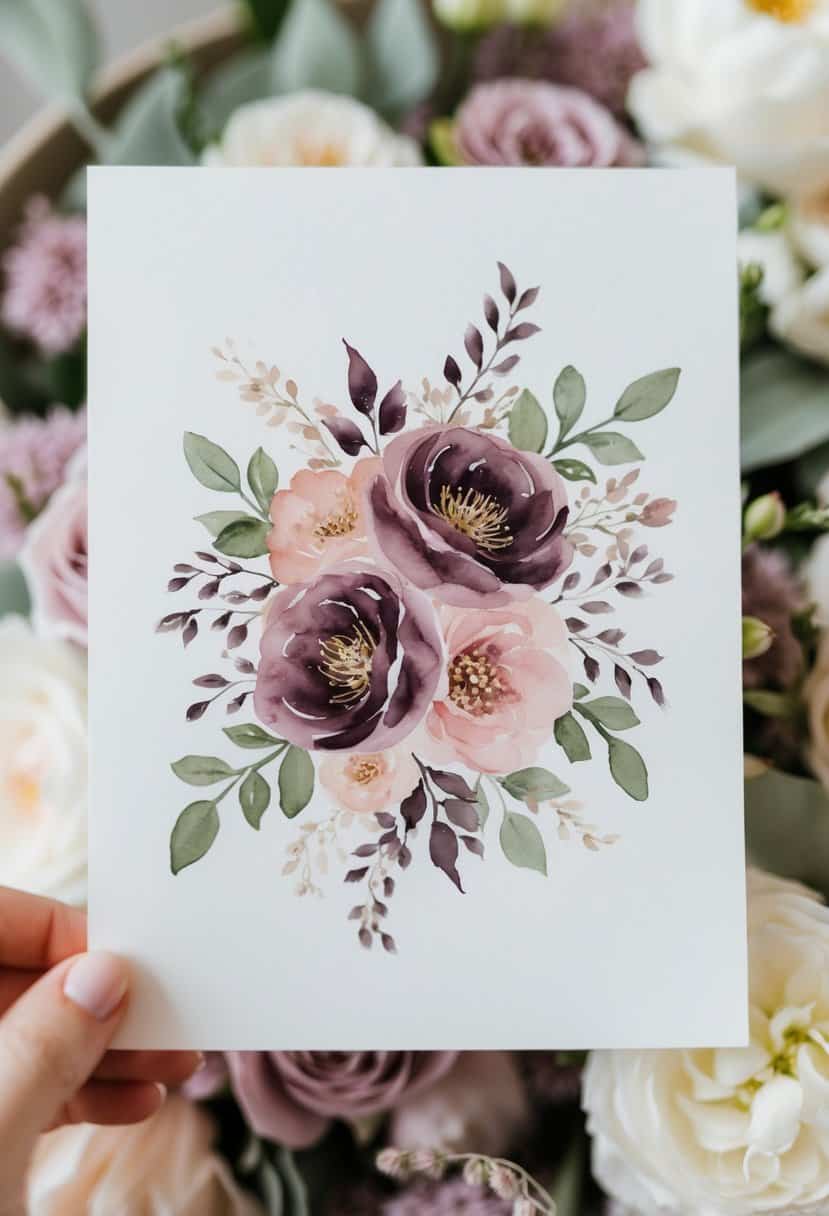 A delicate watercolor painting of mauve and dusty pink floral arrangements, with elegant calligraphy accents