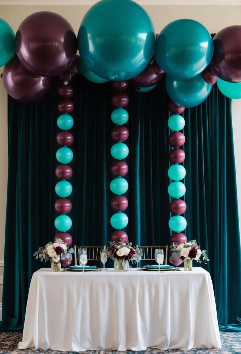 A burgundy and teal balloon garland drapes across a dark teal wedding backdrop, adding a pop of color to the elegant setting