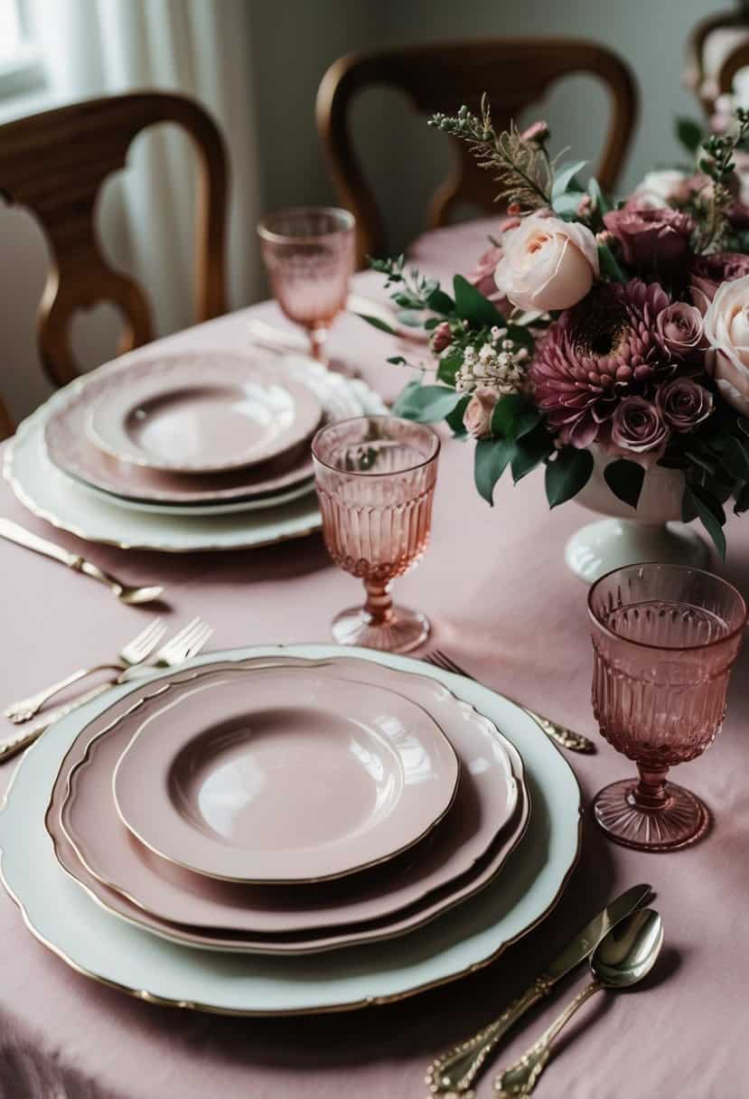 A table set with vintage dusty pink china and mauve floral arrangements