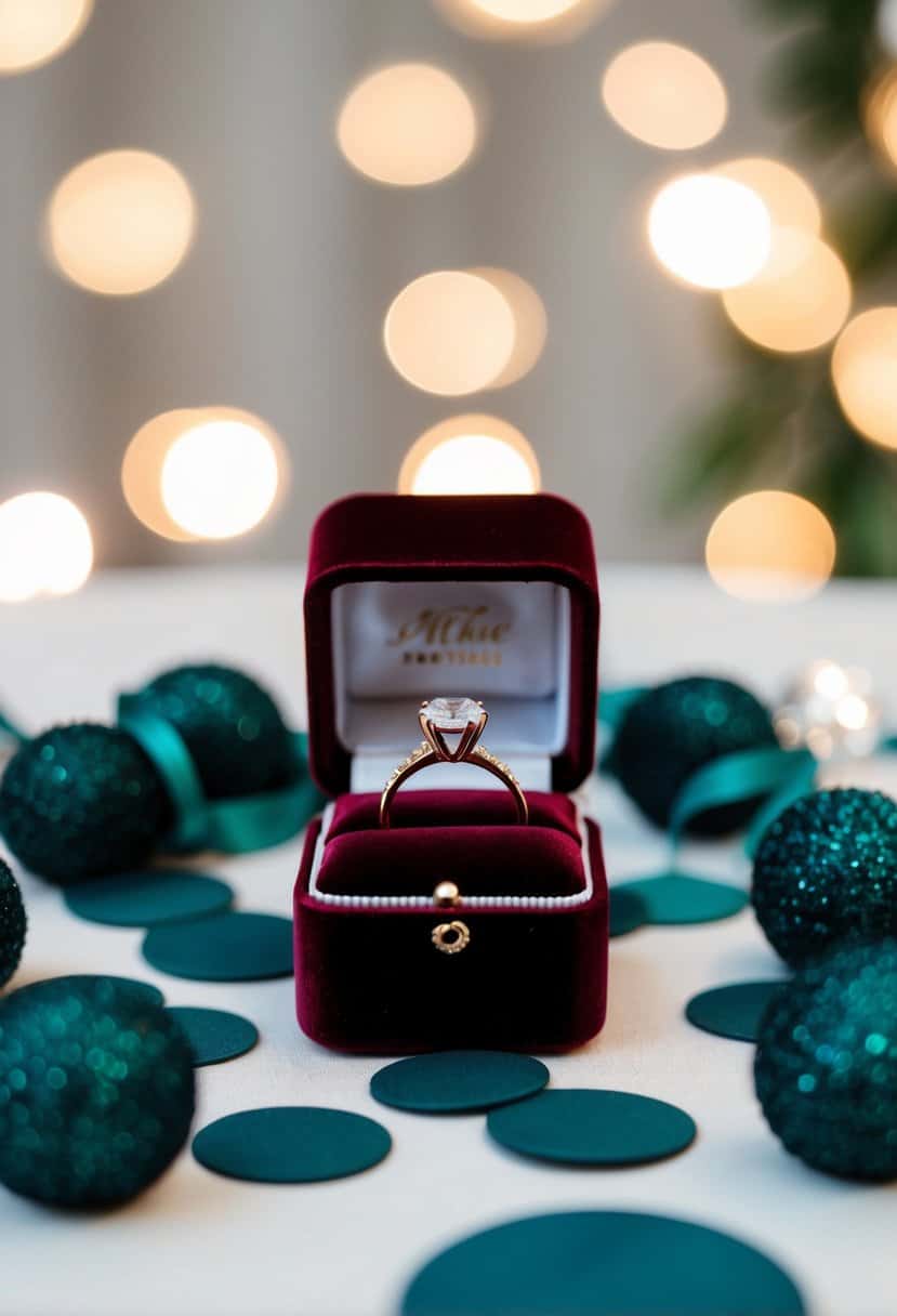 A burgundy velvet ring box surrounded by dark teal wedding decor