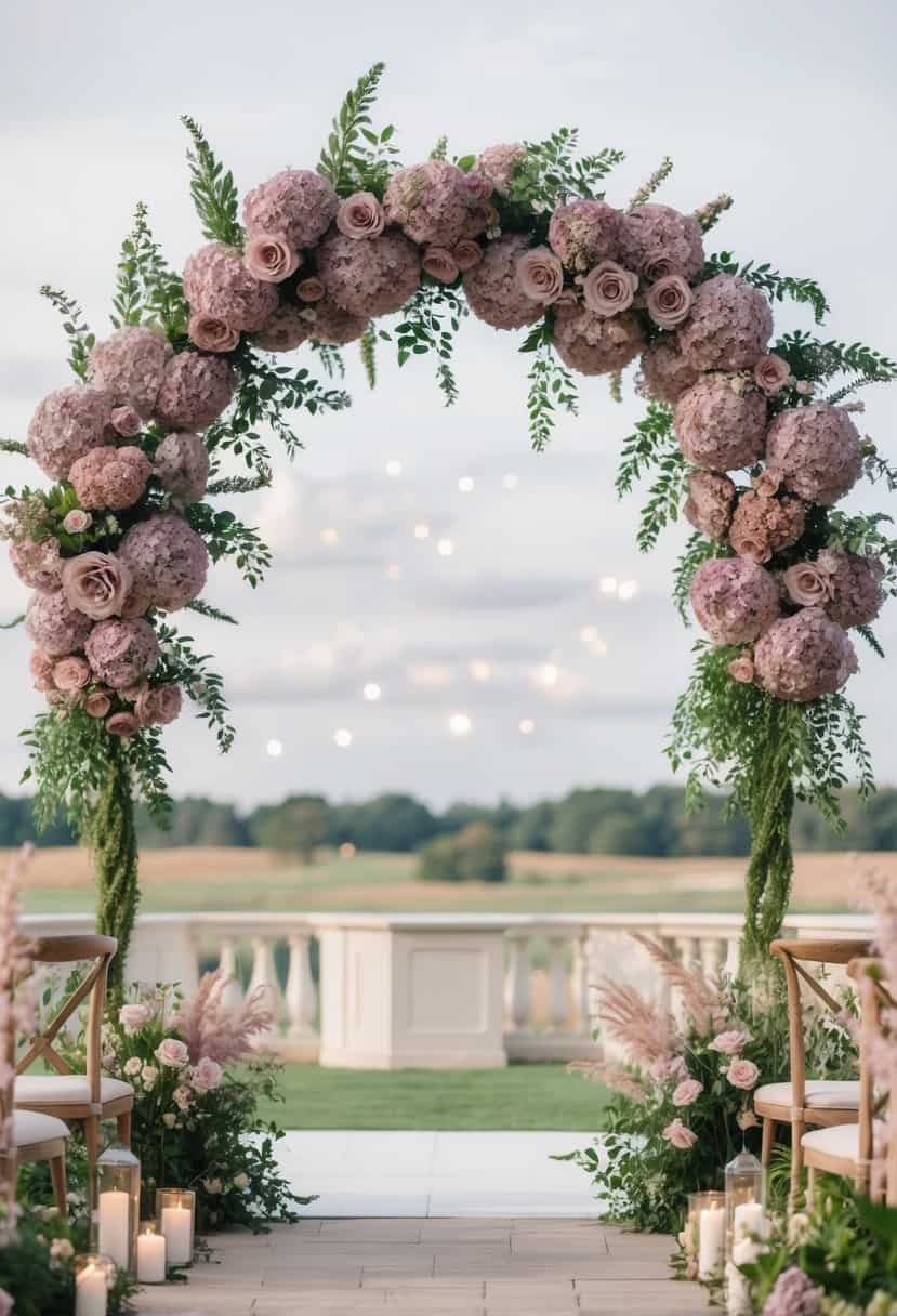 A lush archway of mauve flowers and dusty pink accents in a romantic wedding setting