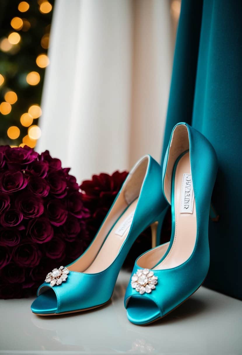 Elegant teal wedding shoes placed next to burgundy and dark teal wedding decor