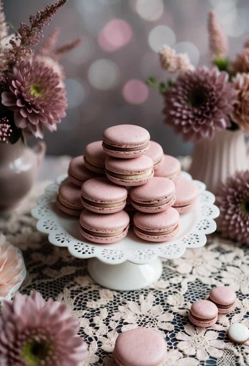 A delicate display of dusty pink macarons arranged on a vintage lace tablecloth, surrounded by soft mauve and dusty pink floral arrangements