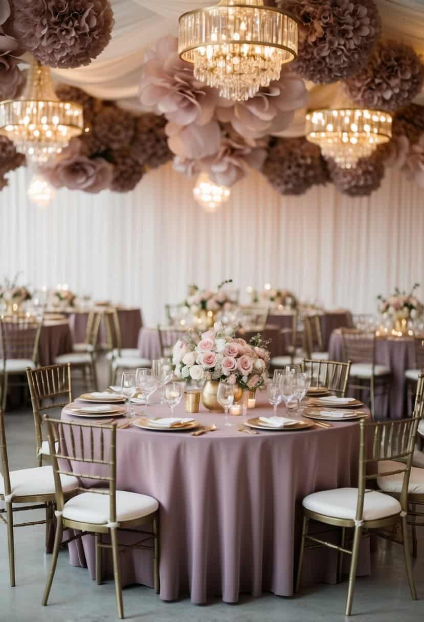 A table set with mauve and gold centerpieces, surrounded by dusty pink decor and flowers, creating a romantic and elegant wedding atmosphere