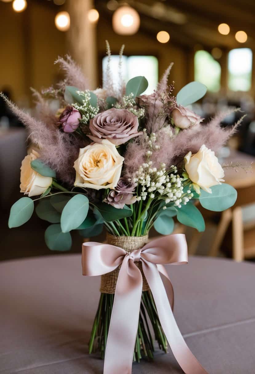 A bouquet of mauve and dusty pink ribbons tied around a rustic wedding centerpiece