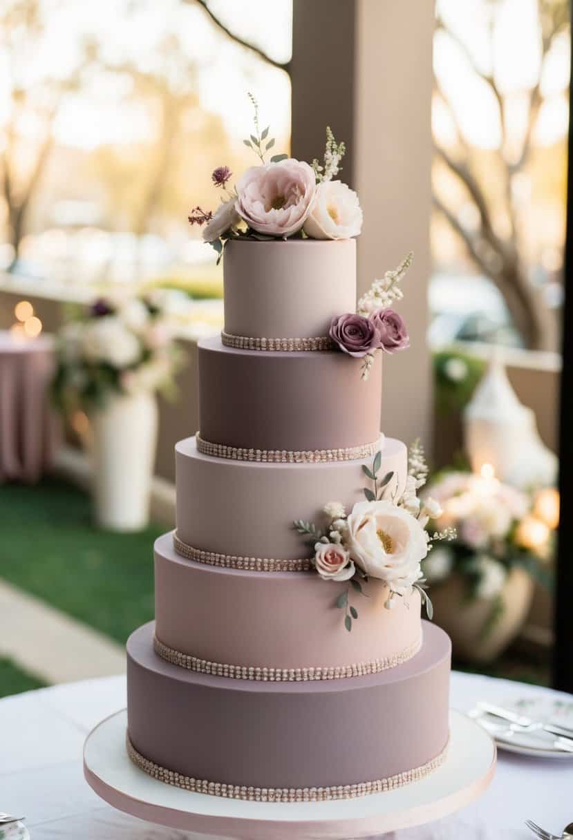 A three-tiered wedding cake in shades of mauve and dusty pink, adorned with delicate floral decorations and elegant icing details