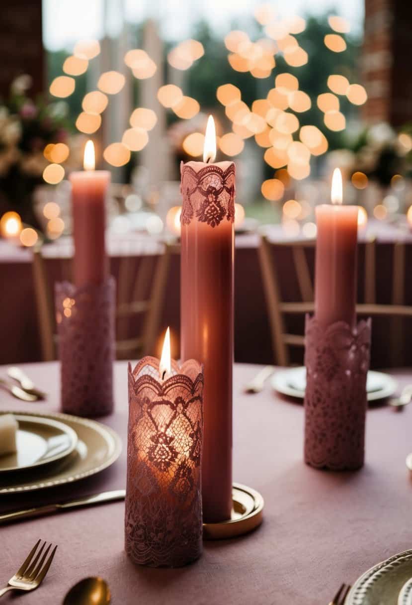 Mauve lace candles casting a warm glow in a dusty pink wedding setting