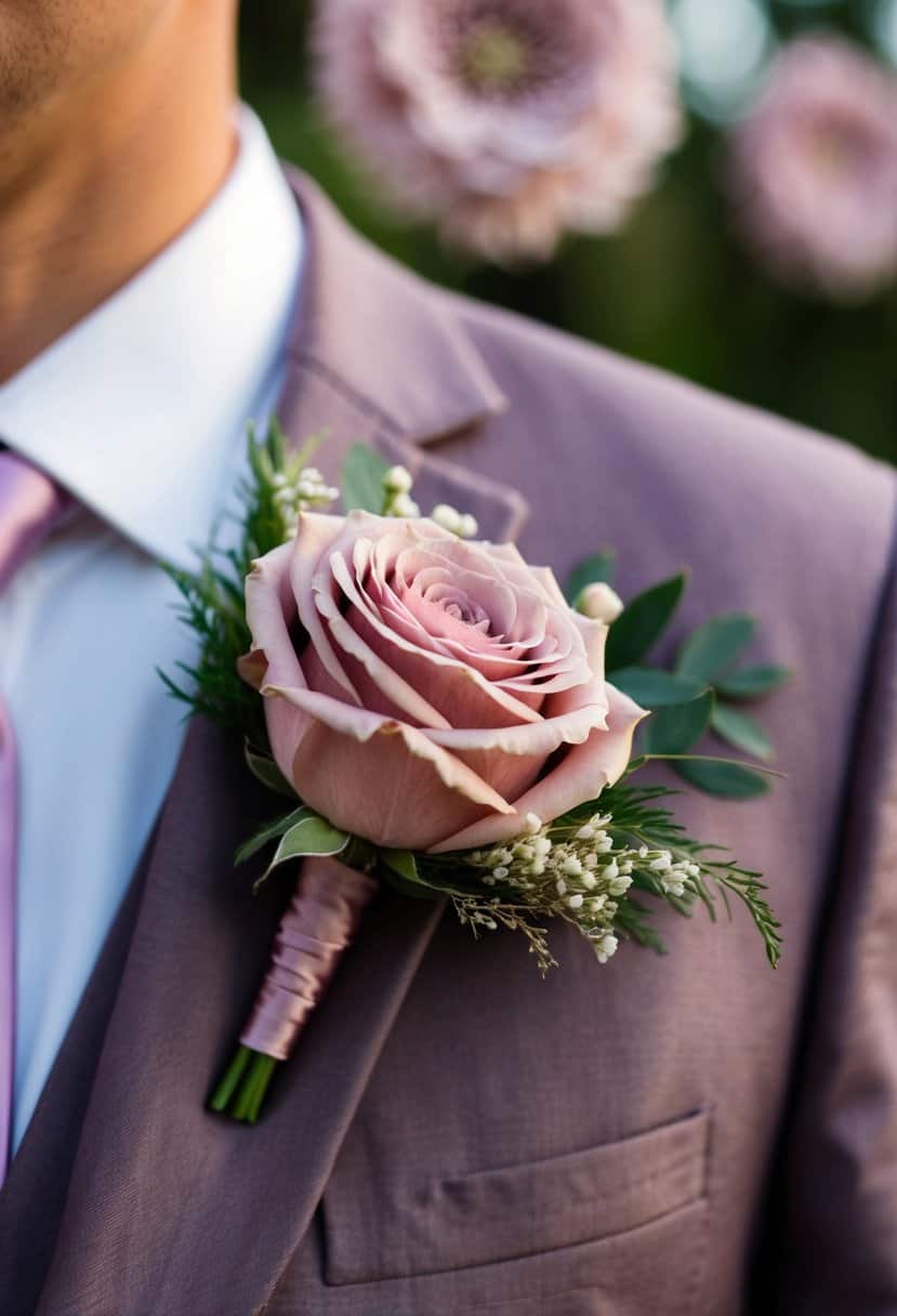 A dusty pink rose boutonniere pinned to a lapel, surrounded by mauve and dusty pink wedding decor