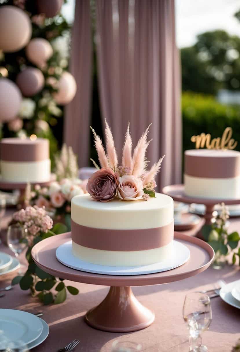 A dessert table adorned with mauve and dusty pink decorations for a wedding celebration