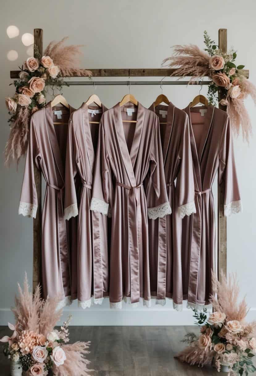 A group of mauve bridesmaid robes hanging on a rustic wooden rack, surrounded by dusty pink floral arrangements and vintage wedding decor