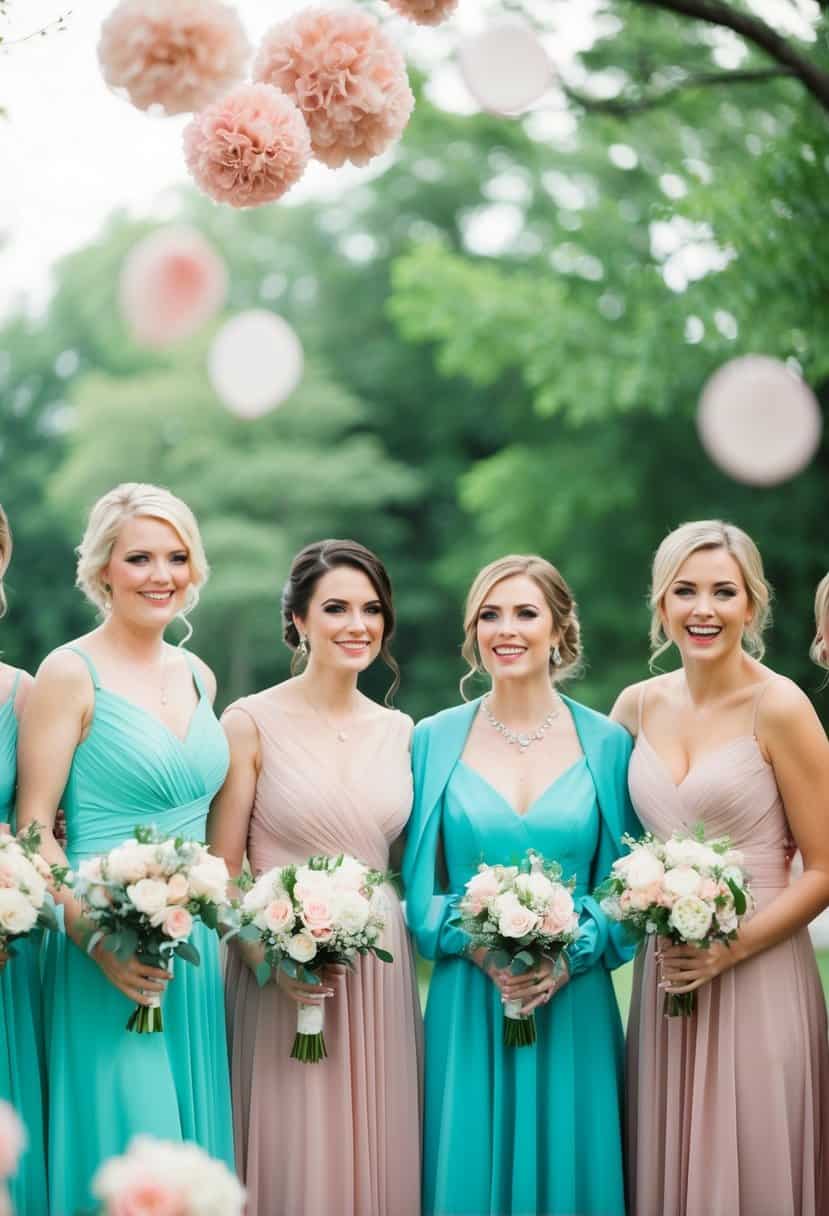 Bridesmaid dresses in tiffany blue, paired with dusty pink decor at a wedding