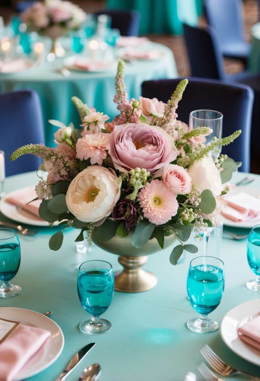 Dusty pink floral centerpieces surrounded by tiffany blue accents create a romantic and elegant wedding color scheme
