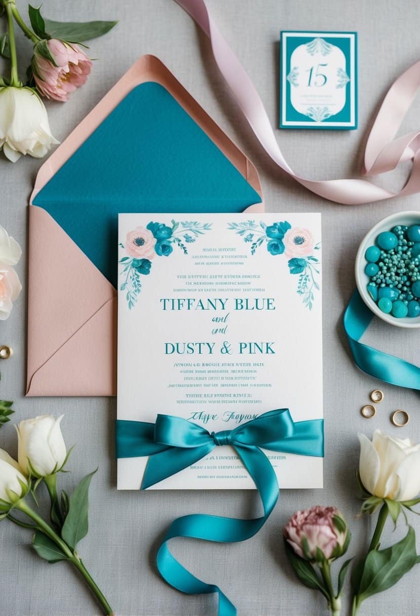 A tiffany blue and dusty pink wedding invitation suite with elegant floral motifs and delicate ribbons