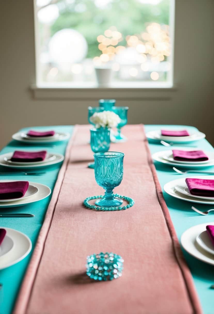 A table set with dusty pink velvet runners and tiffany blue accents