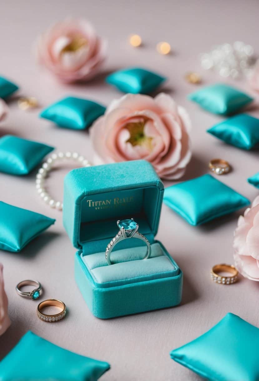 A tiffany blue ring box sits amidst tiffany blue and dusty pink wedding decor, creating a soft and elegant color palette