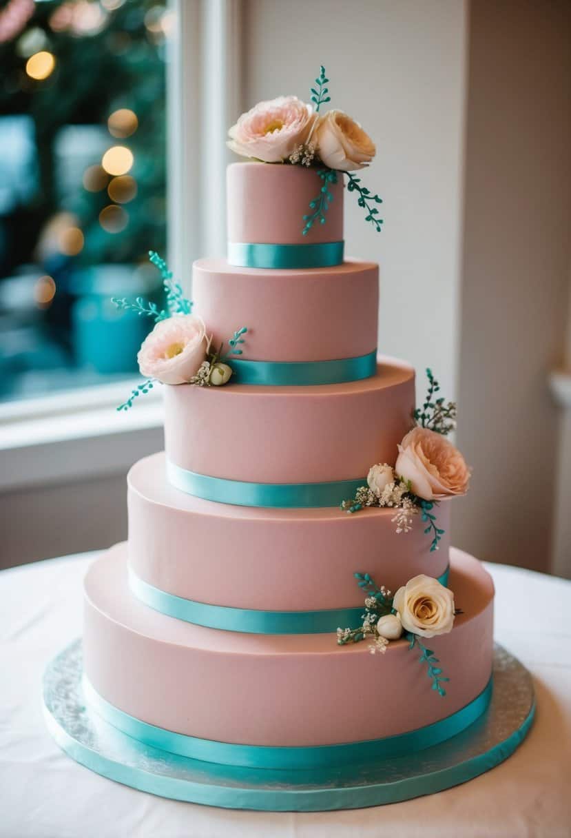 A three-tiered wedding cake in dusty pink, adorned with tiffany blue ribbons and delicate floral decorations
