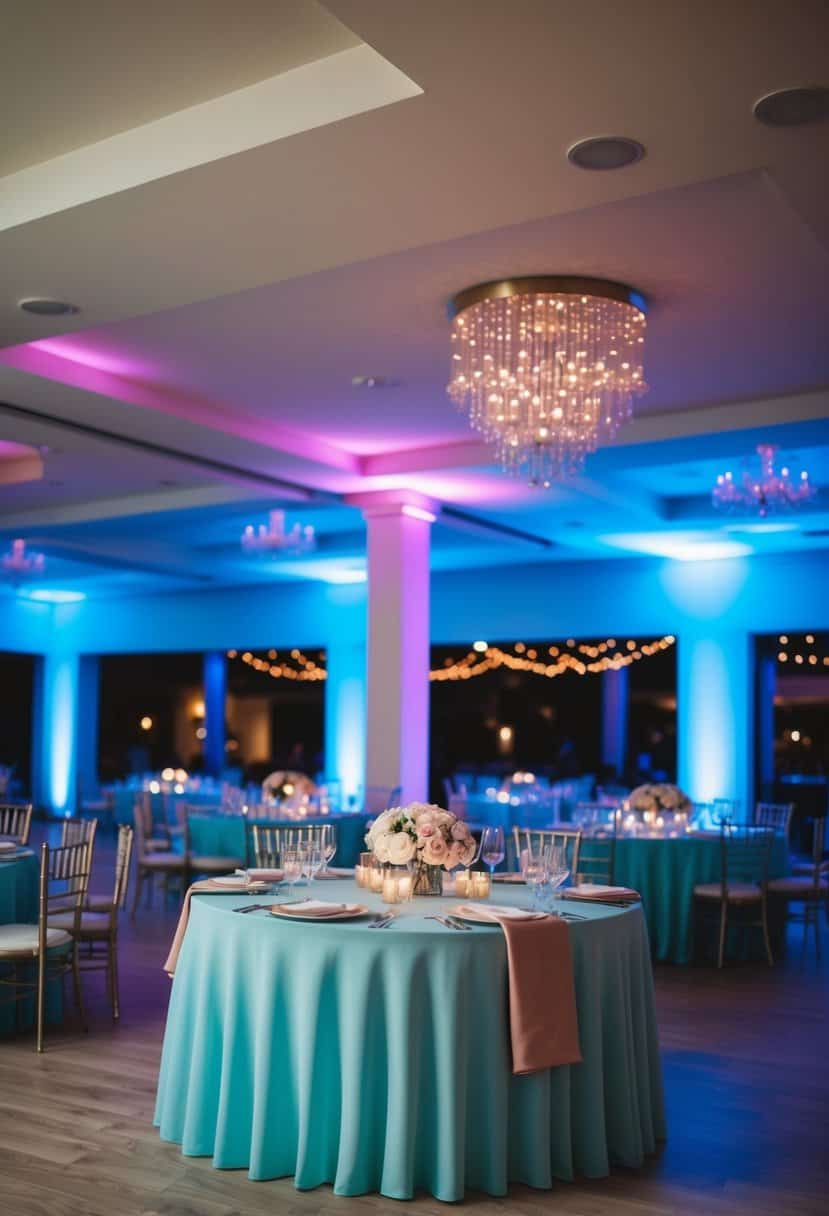 Tiffany blue up-lighting illuminates a wedding venue, complemented by dusty pink accents