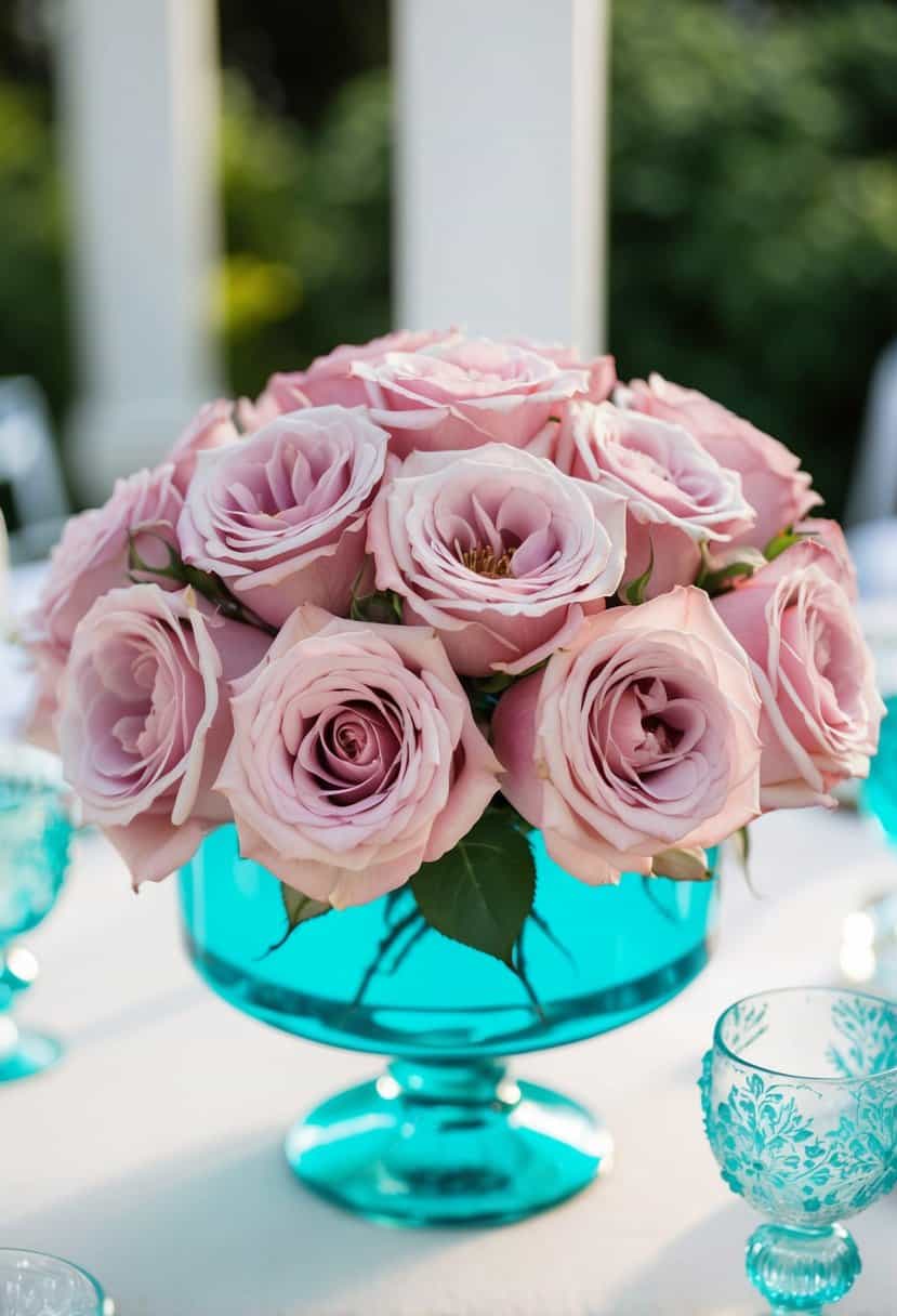 Dusty pink roses arranged with tiffany blue accents for a wedding centerpiece